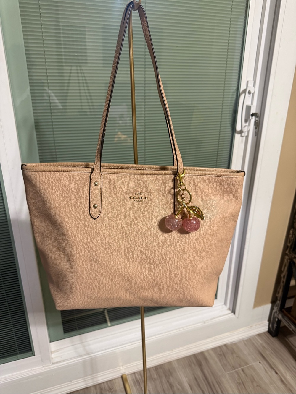 Coach Pink Leather Tote Bag with Cherry Charm Not included